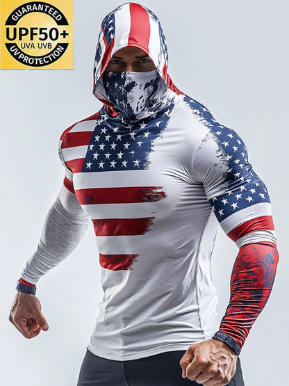 Men's Outdoor Sun Protection Breathable Cool Mask American Flag Print Hooded Sun Protection Long Sleeve Top