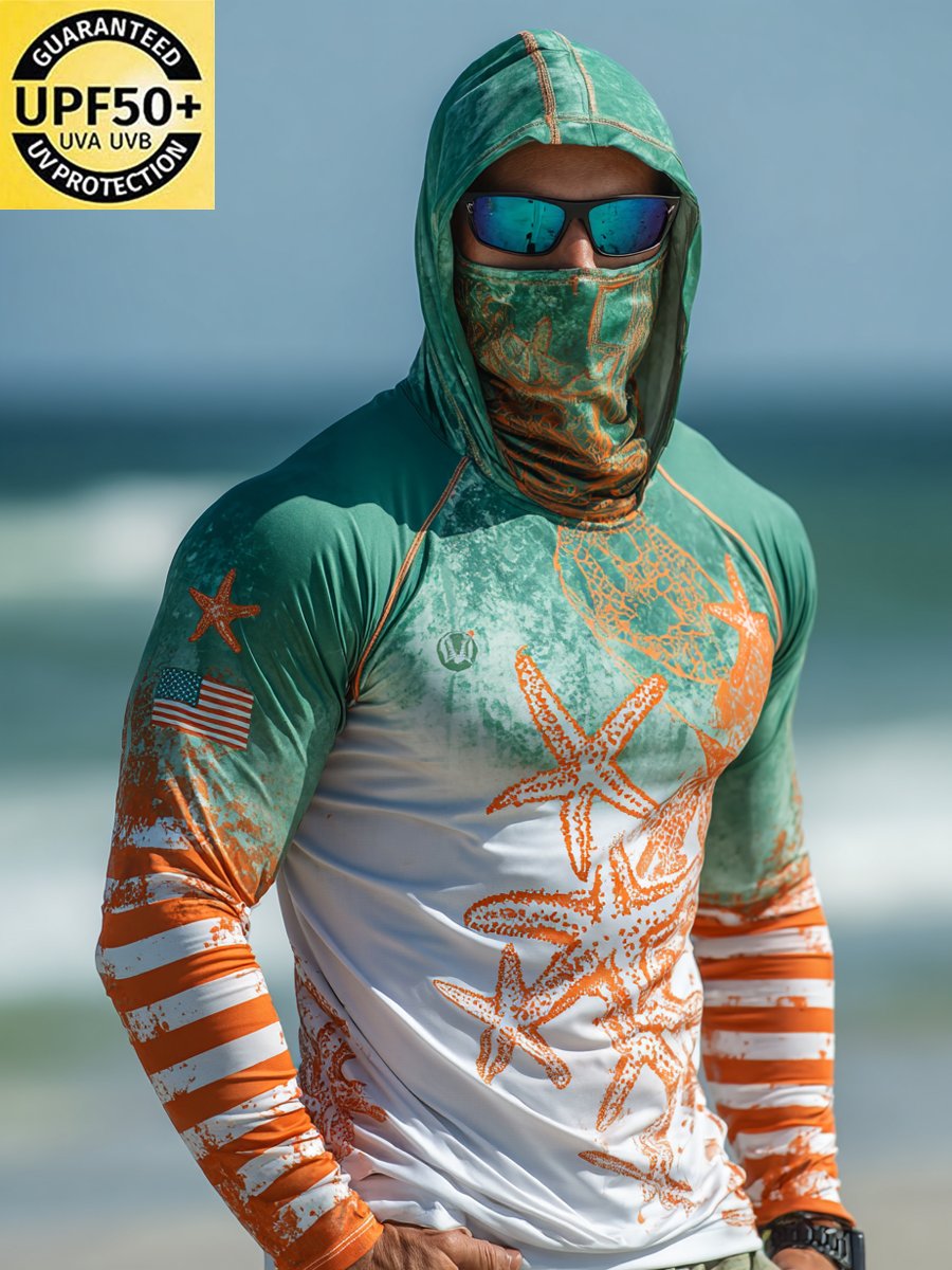 Men's Outdoor Sun Protection Breathable Cool Face Mask Hooded Printed Long-Sleeved Top