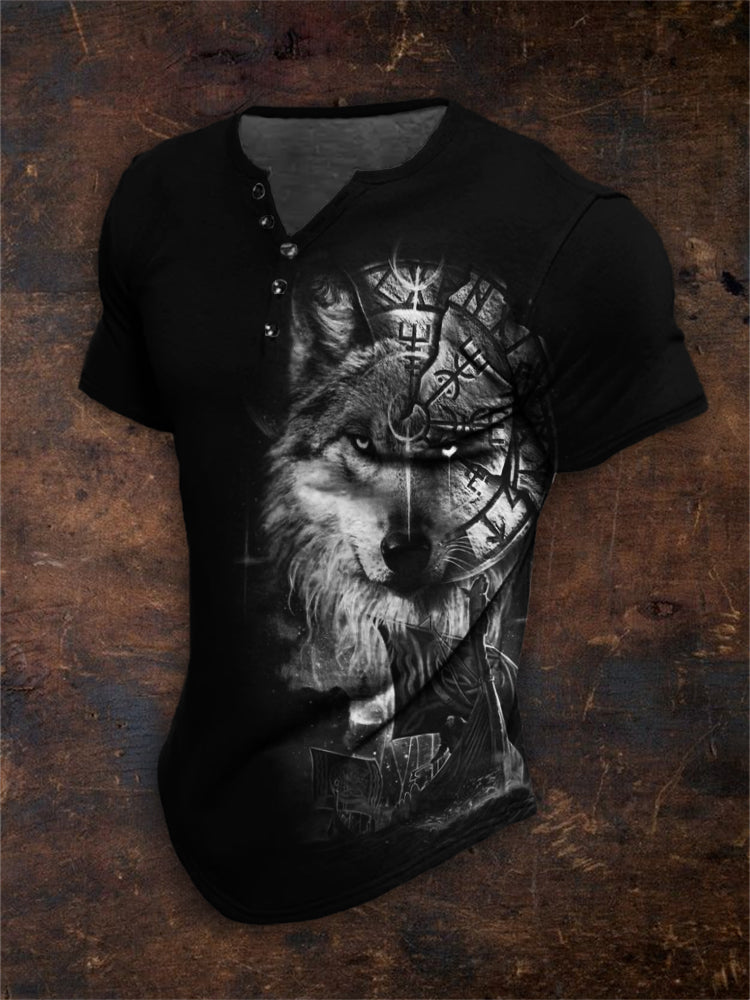 Men's Viking Wolf Vegvisir Art Henley Shirt