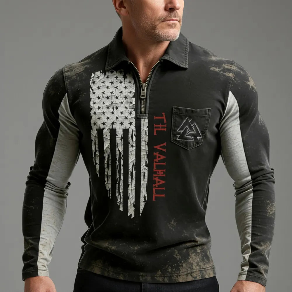 Vintage-washed printed Viking battle axe with American spirit half-zip pocket sweatshirt