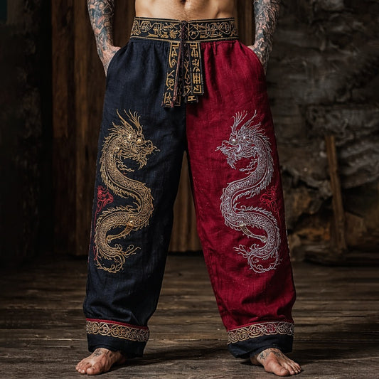 Viking-style totem mythical beast red and black two-tone patchwork cotton-linen sweatpants