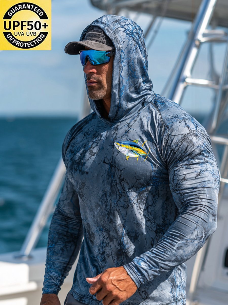 Men's Outdoor Sun Protection Breathable Cool Face Mask Hooded Printed Long-Sleeved Top