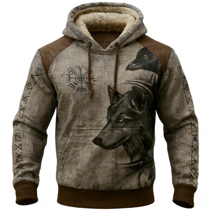 Celtic Retro Viking Hoodie with Nordic Fleece Collar & Vegvisir