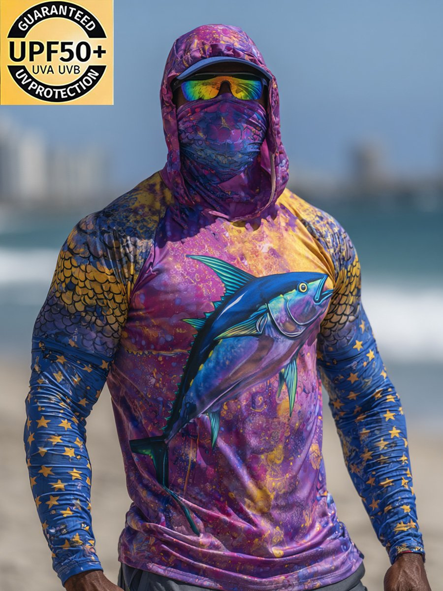 Men's Outdoor Sun Protection Breathable Cool Face Mask Hooded Printed Long-Sleeved Top