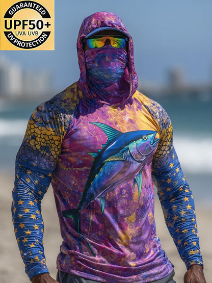 Men's Outdoor Sun Protection Breathable Cool Face Mask Hooded Printed Long-Sleeved Top