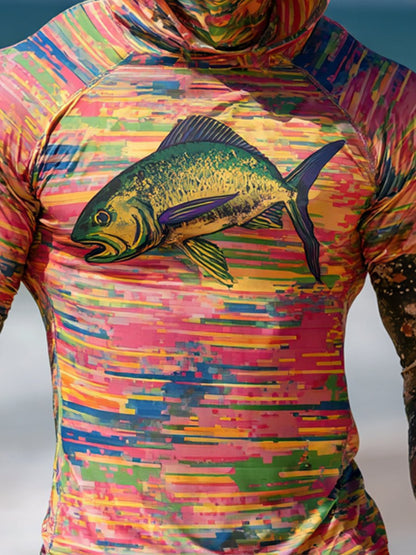 Men's Outdoor Sun Protection Breathable Cool Face Mask Hooded Printed Long-Sleeved Top