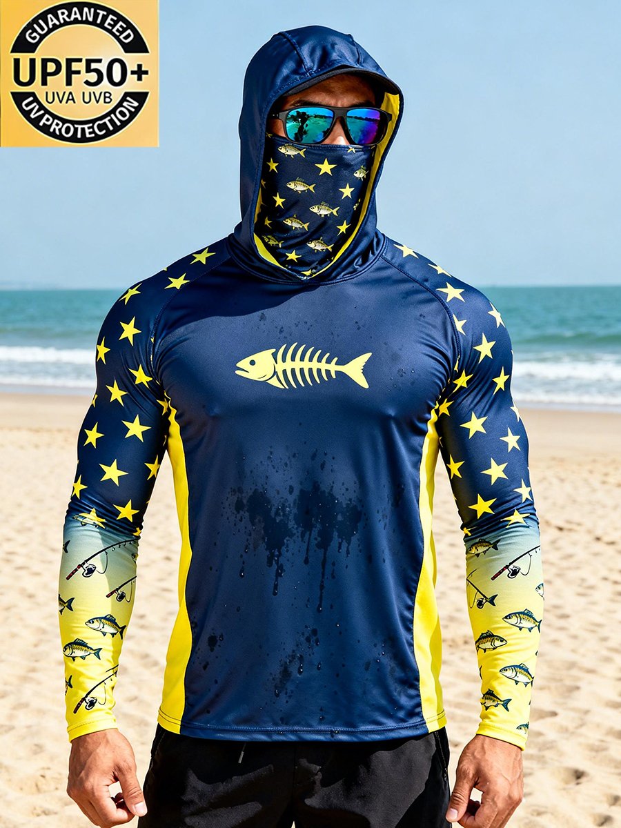 Men's Outdoor Sun Protection Breathable Cool Face Mask Hooded Printed Long-Sleeved Top