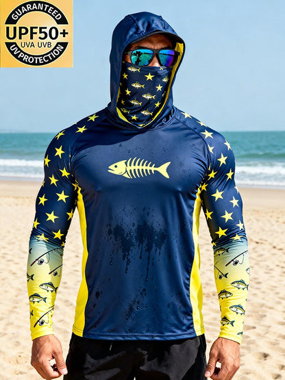 Men's Outdoor Sun Protection Breathable Cool Face Mask Hooded Printed Long-Sleeved Top