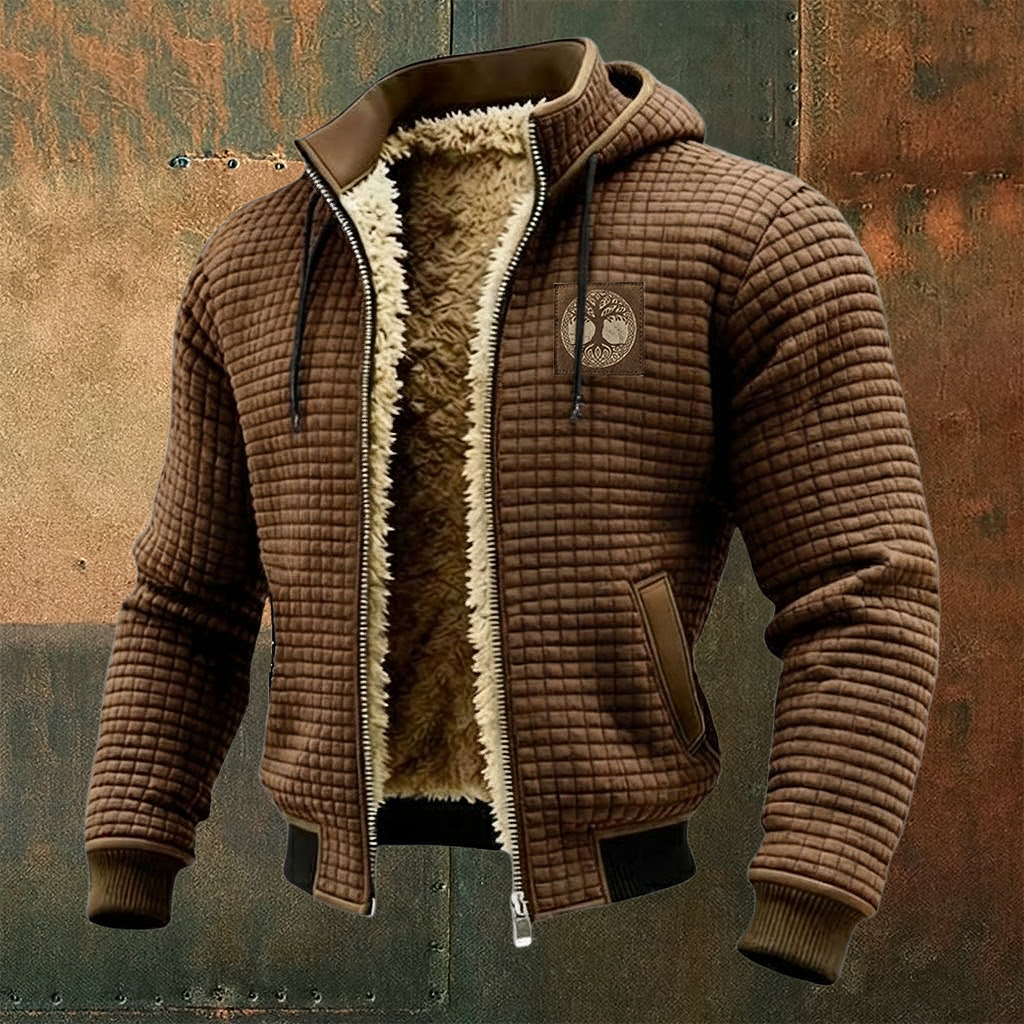 Men's Thermal Grid Jacket Viking Yggdrasill Totem Fleece Shearling & Structured Waffle Zip-Up Hoodie
