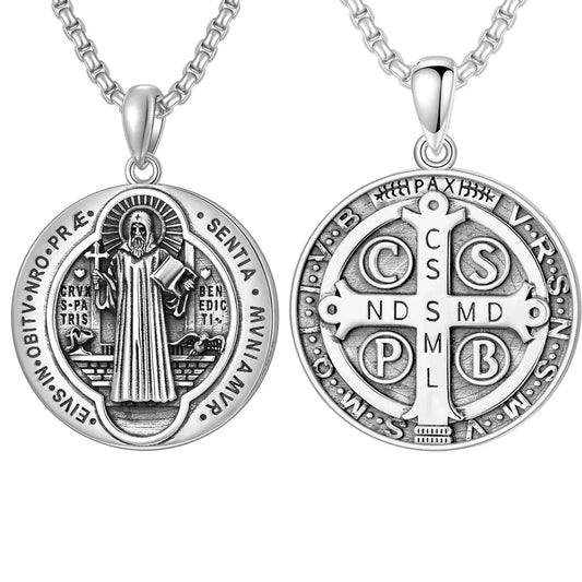 Sterling Silver Round Saint Benedict Pendant Necklace for Men