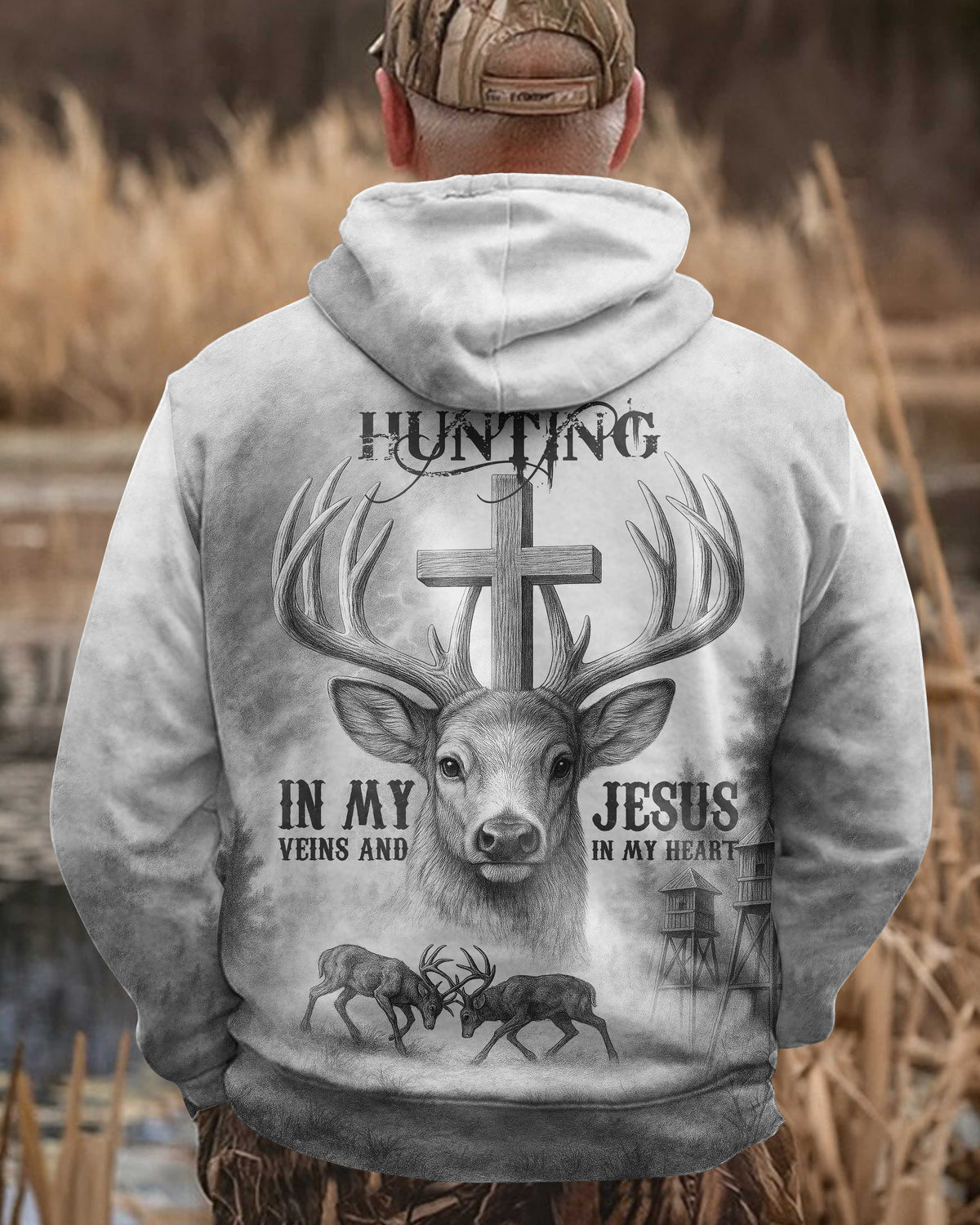 I've Got Hunting In My Veins And Jesus In My Heart All Over Print Grey T-Shirt