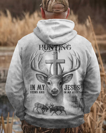 I've Got Hunting In My Veins And Jesus In My Heart All Over Print Grey T-Shirt