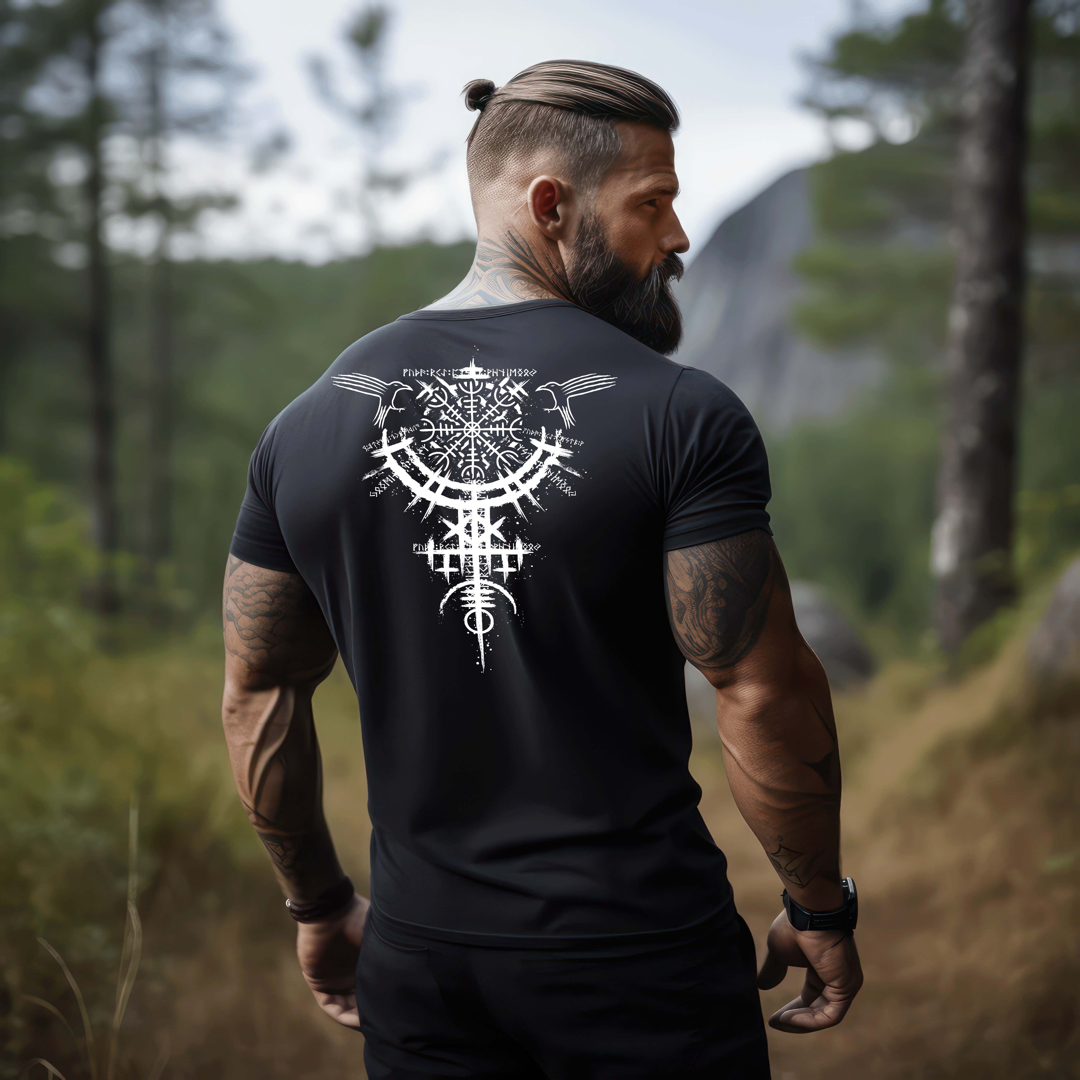 Viking Premium T-Shirt - Rune Circle, Helm of Awe & Raven Design