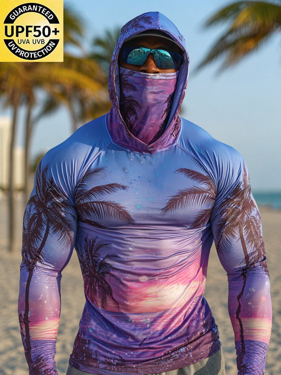 Men's Outdoor Sun Protection Breathable Cool Face Mask Hooded Printed Long-Sleeved Top