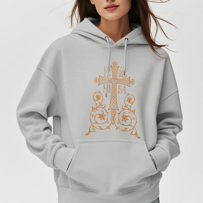 Classic Style Sacred Cross Emblem Floral Vines Fleece Lined Polyester Hoodie