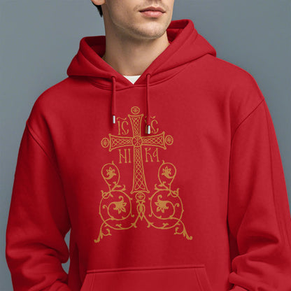 Classic Style Sacred Cross Emblem Floral Vines Fleece Lined Polyester Hoodie