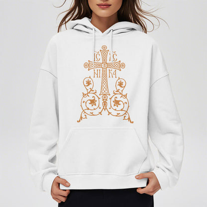 Classic Style Sacred Cross Emblem Floral Vines Fleece Lined Polyester Hoodie