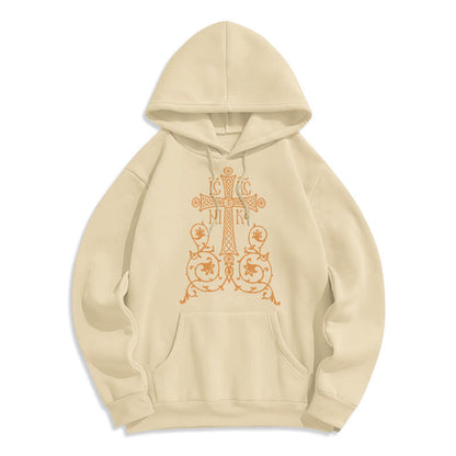 Classic Style Sacred Cross Emblem Floral Vines Fleece Lined Polyester Hoodie