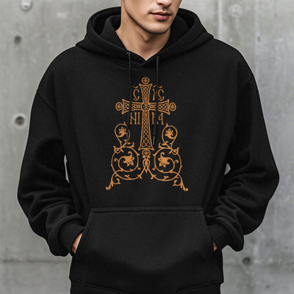 Classic Style Sacred Cross Emblem Floral Vines Fleece Lined Polyester Hoodie