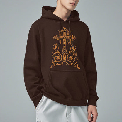 Classic Style Sacred Cross Emblem Floral Vines Fleece Lined Polyester Hoodie