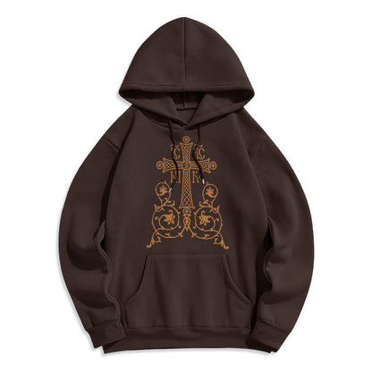 Classic Style Sacred Cross Emblem Floral Vines Fleece Lined Polyester Hoodie
