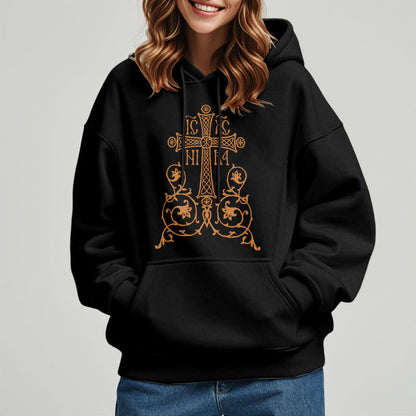 Classic Style Sacred Cross Emblem Floral Vines Fleece Lined Polyester Hoodie