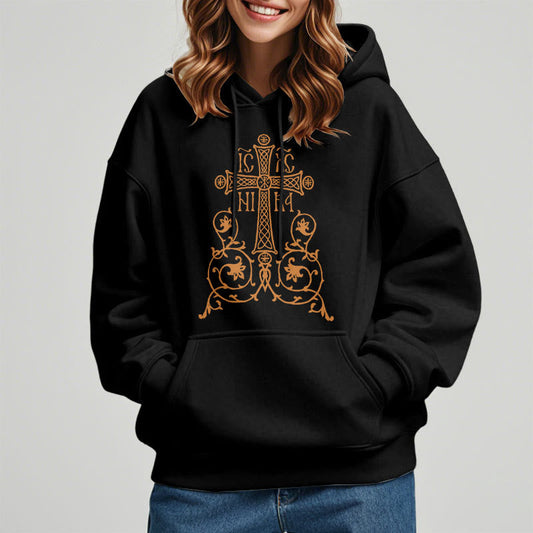 Classic Style Sacred Cross Emblem Floral Vines Fleece Lined Polyester Hoodie