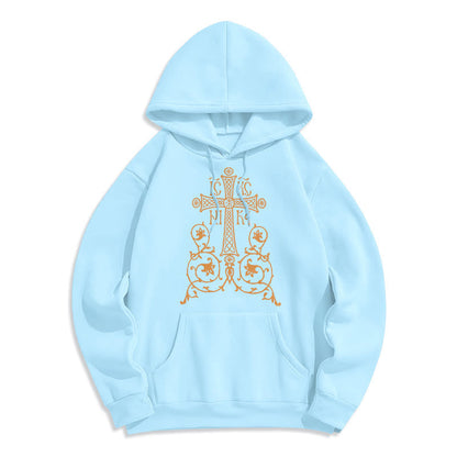 Classic Style Sacred Cross Emblem Floral Vines Fleece Lined Polyester Hoodie