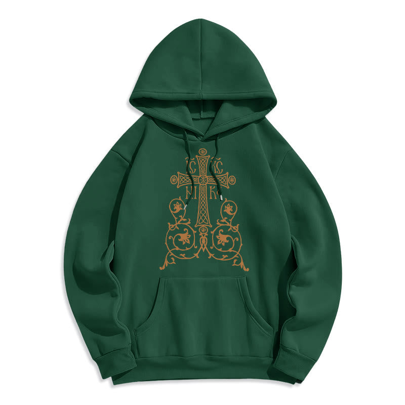 Classic Style Sacred Cross Emblem Floral Vines Fleece Lined Polyester Hoodie