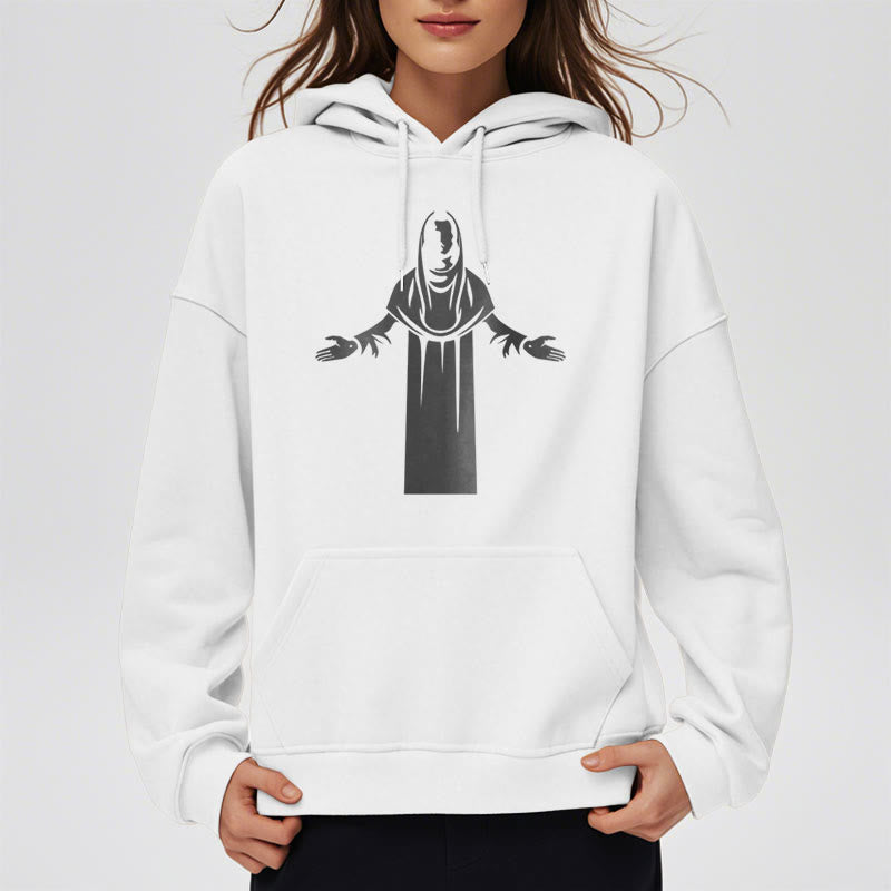 Classic Style Saint Figure Hands Open Praying Fleece Lined Polyester Hoodie