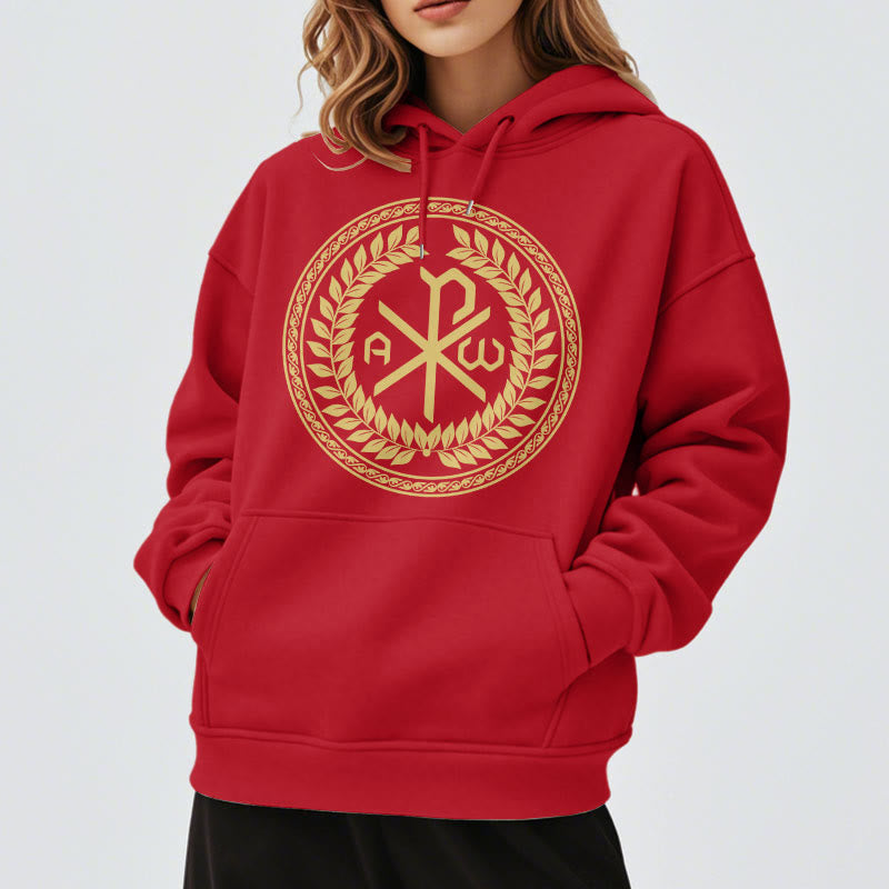 Classic Style Sacred Chi-rho Emblem Laurel Wreath Fleece Lined Polyester Hoodie