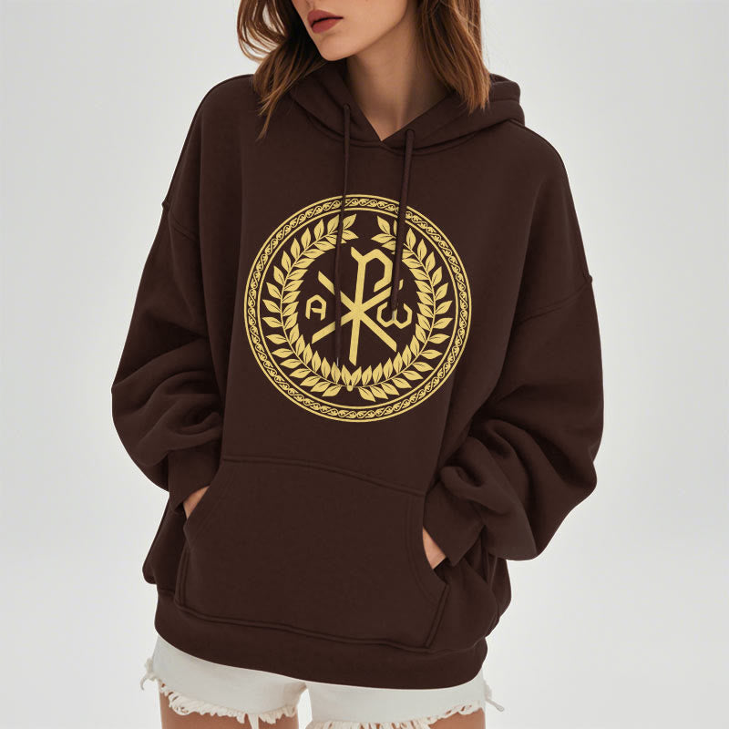 Classic Style Sacred Chi-rho Emblem Laurel Wreath Fleece Lined Polyester Hoodie