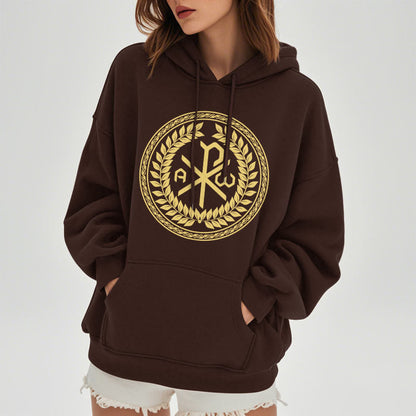 Classic Style Sacred Chi-rho Emblem Laurel Wreath Fleece Lined Polyester Hoodie