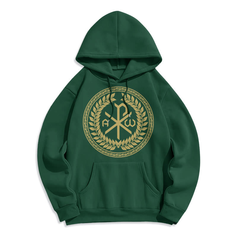Classic Style Sacred Chi-rho Emblem Laurel Wreath Fleece Lined Polyester Hoodie