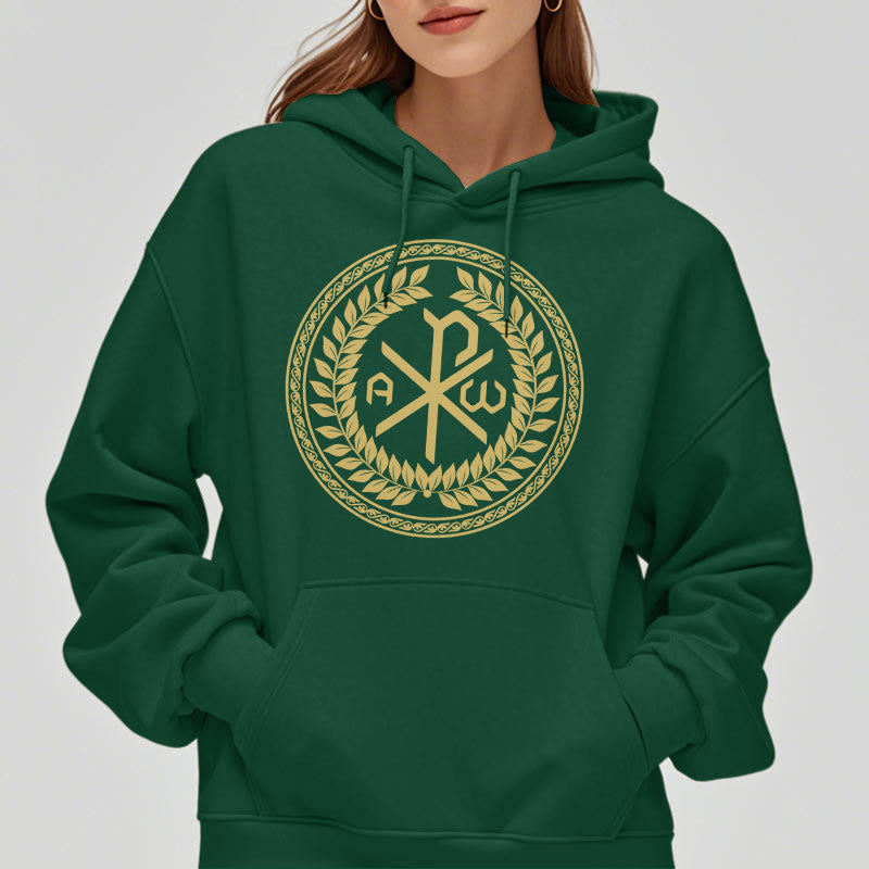 Classic Style Sacred Chi-rho Emblem Laurel Wreath Fleece Lined Polyester Hoodie
