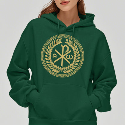 Classic Style Sacred Chi-rho Emblem Laurel Wreath Fleece Lined Polyester Hoodie