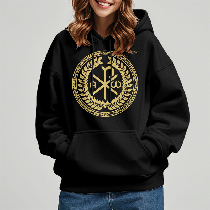 Classic Style Sacred Chi-rho Emblem Laurel Wreath Fleece Lined Polyester Hoodie