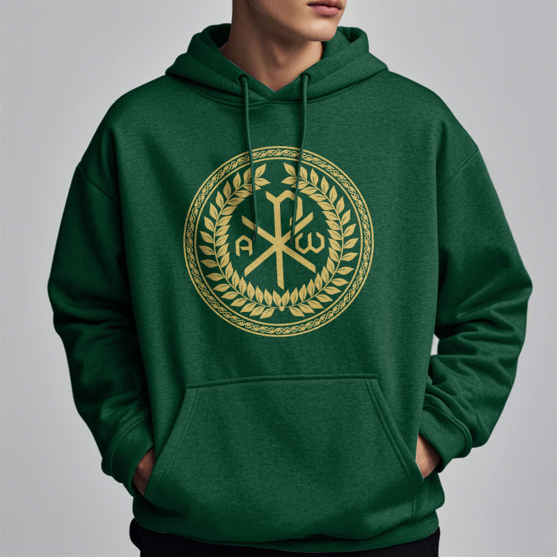 Classic Style Sacred Chi-rho Emblem Laurel Wreath Fleece Lined Polyester Hoodie