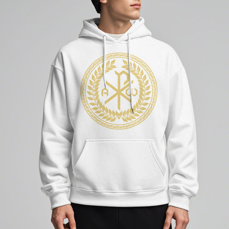 Classic Style Sacred Chi-rho Emblem Laurel Wreath Fleece Lined Polyester Hoodie