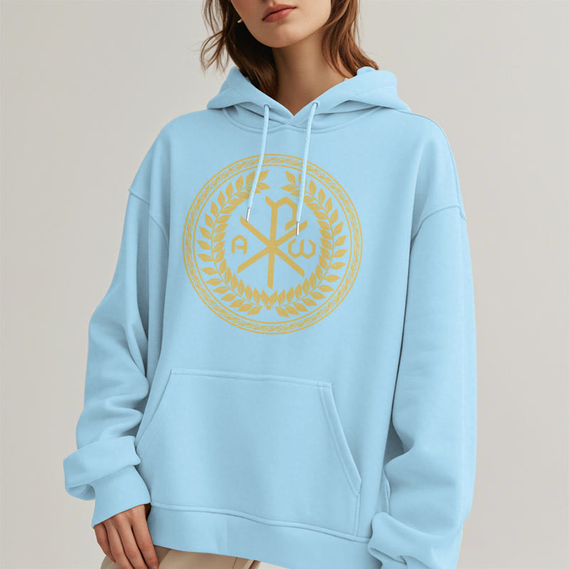 Classic Style Sacred Chi-rho Emblem Laurel Wreath Fleece Lined Polyester Hoodie