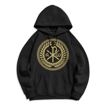 Classic Style Sacred Chi-rho Emblem Laurel Wreath Fleece Lined Polyester Hoodie