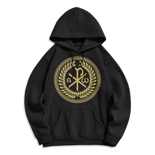 Classic Style Sacred Chi-rho Emblem Laurel Wreath Fleece Lined Polyester Hoodie