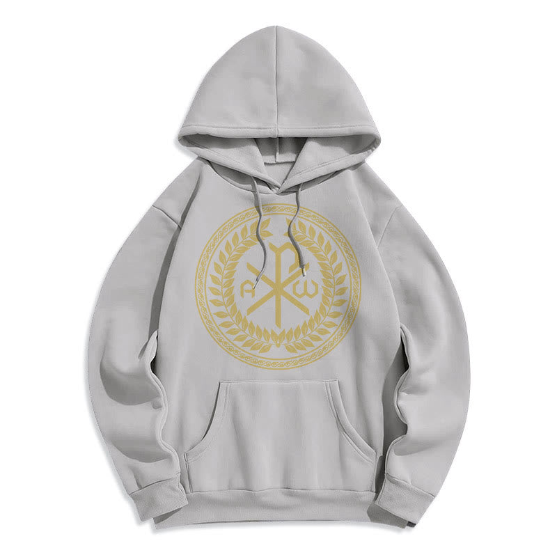 Classic Style Sacred Chi-rho Emblem Laurel Wreath Fleece Lined Polyester Hoodie