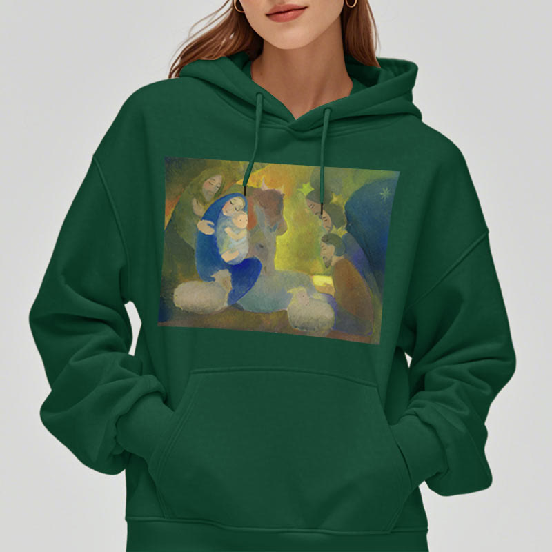 Classic Colored Style Nativity Scene Holy Night Fleece Lined Polyester Hoodie