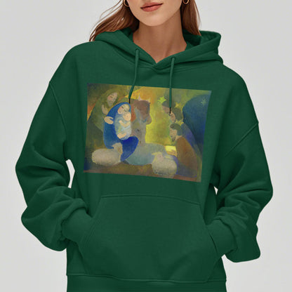 Classic Colored Style Nativity Scene Holy Night Fleece Lined Polyester Hoodie