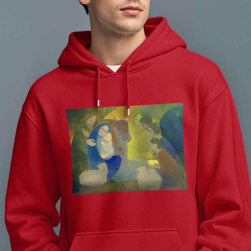 Classic Colored Style Nativity Scene Holy Night Fleece Lined Polyester Hoodie