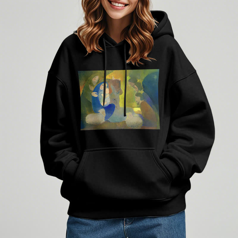 Classic Colored Style Nativity Scene Holy Night Fleece Lined Polyester Hoodie