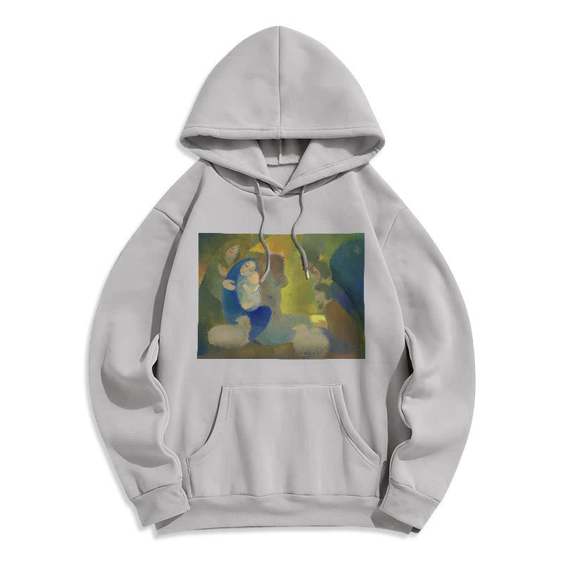 Classic Colored Style Nativity Scene Holy Night Fleece Lined Polyester Hoodie