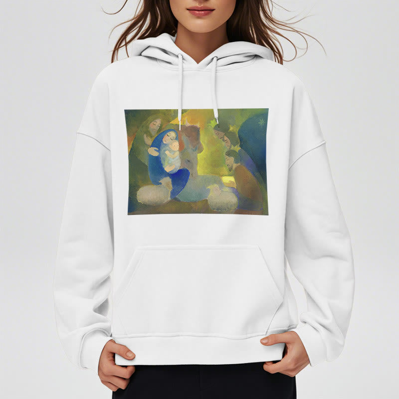Classic Colored Style Nativity Scene Holy Night Fleece Lined Polyester Hoodie