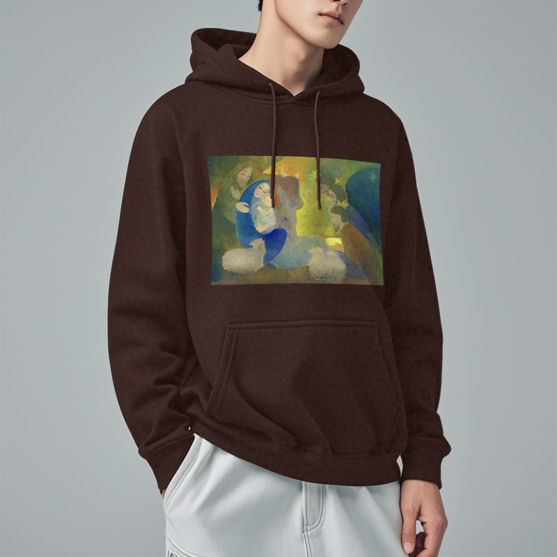Classic Colored Style Nativity Scene Holy Night Fleece Lined Polyester Hoodie